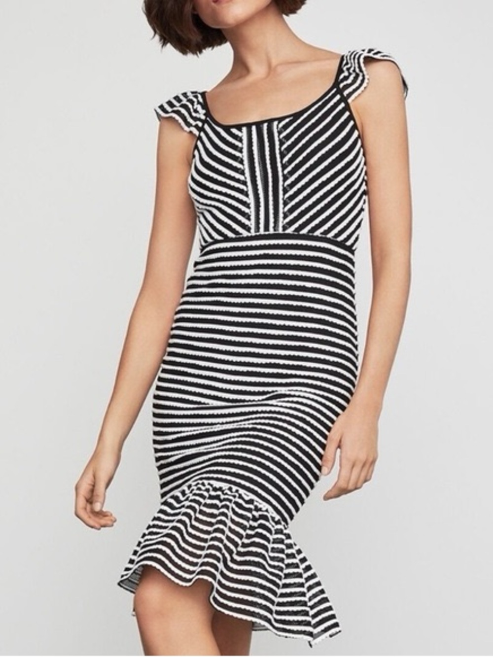BCBGMaxAzria Black and White Striped Ruffle-Hem Midi Dress